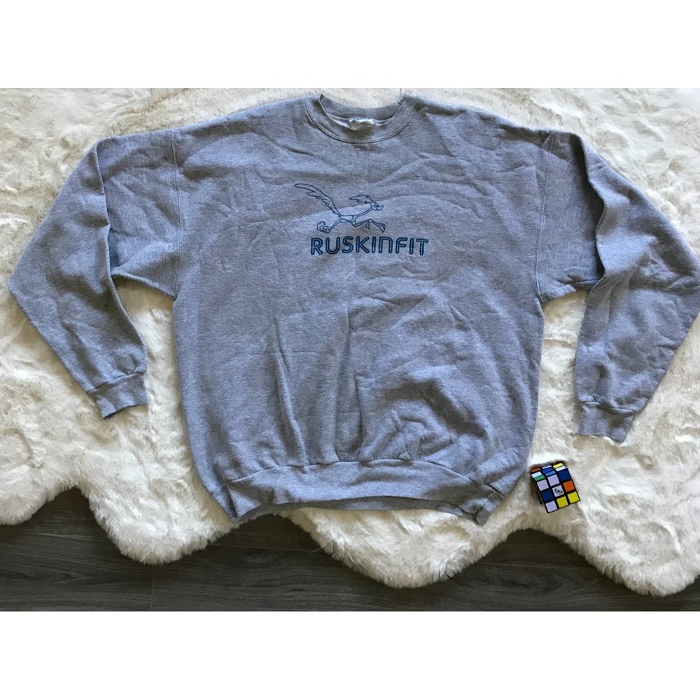 Vintage 90s Y2K Hanes Road Runner RuskinFIT Grey Graphic Sweatshirt Crewneck XL